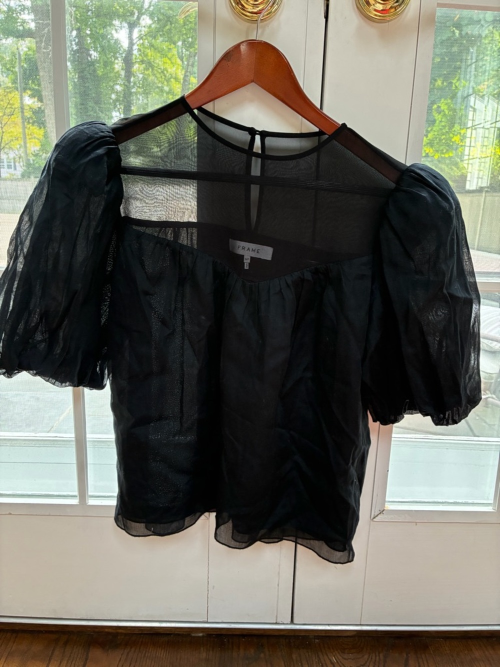 Frame Denim Black Sheer Puff-Sleeve Top